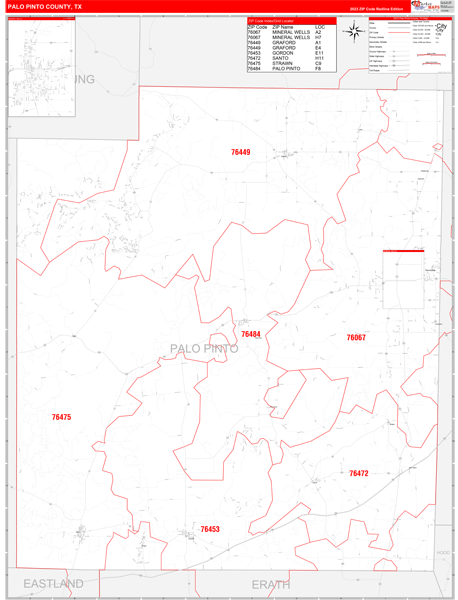 Palo Pinto County Wall Map Red Line Style